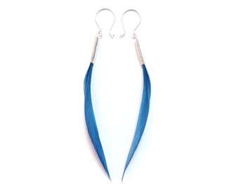 Short Elegant Thin Spike Minimalist Real Feather Earrings in Olympian/Cornflower Blue on Silver Hooks