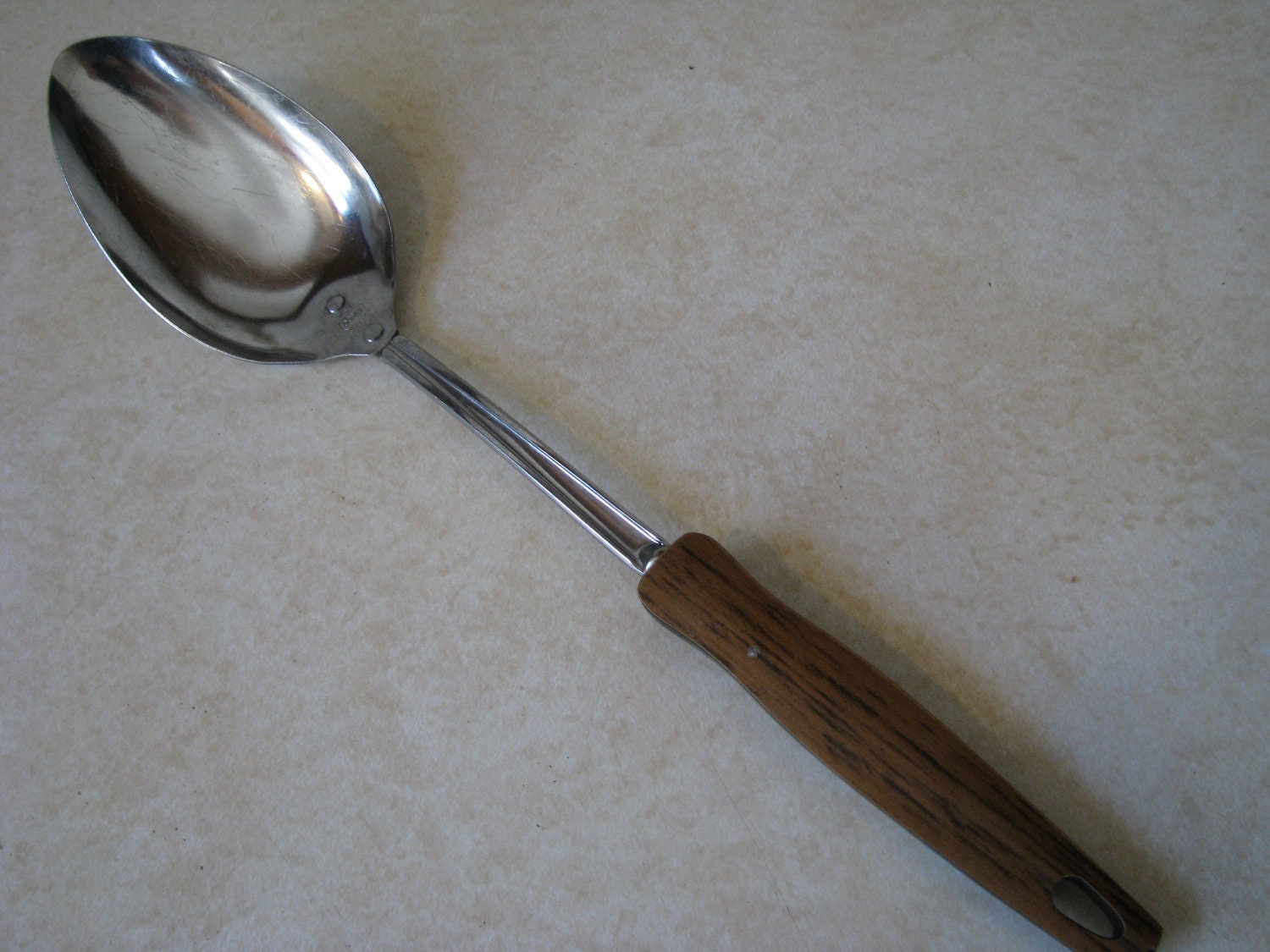 Vintage Ekco Stainless Steel Serving Spoon with Wood Look Handle old