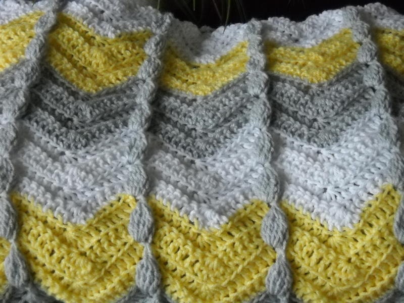 Crochet Throw Blanket Grey Gray White and Yellow Chevron