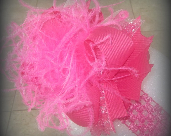 Over the Top Hair Bow, Ostrich Feather Bow, Girls Big Hair Bow, Boutique Hairbows, Pageant Party Hairbow, Bubblegum Pink Bow, Big Pink Bows