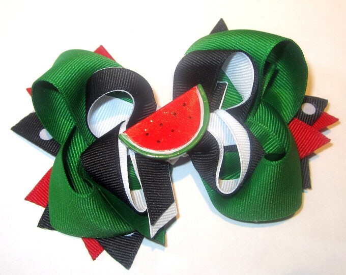 Watermelon Boutique Hair Bow Little Girl 3 Layers of Ribbon and Spikes of Green, Red and Black