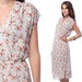 70s Wrap Dress Midi White Floral Calico Cap Sleeve 1970s Boho Chic Deep V Red Bohemian Vintage High Elastic Waist Retro Dress Medium