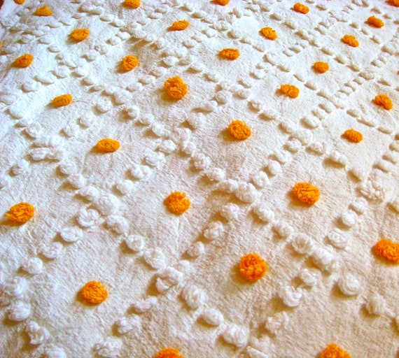 Gold on White Candlewick Cotton Chenille Vintage Fabric