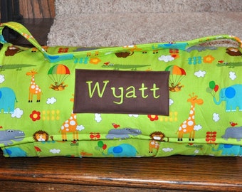 Nap Mat - Monogrammed Bungle Jungle in Lime Green Nap Mat with Brown Minky Dot Blanket