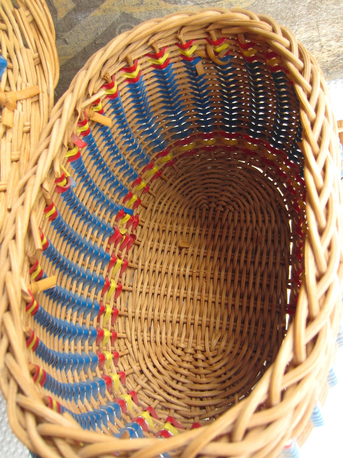 Vintage Wicker Sewing Basket with Blue Handle