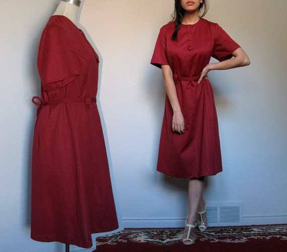Vintage Burgundy Dress Short Sleeve Casual A line Shift Dress
