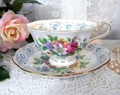 VINTAGE BOUQUET Tea Time Set of 4 Note Cards Royal Albert Teacup & Saucer Gold White Pink Green Yellow Blue Pearls Rose Handmade Lace