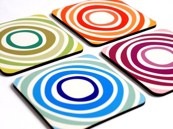 Coasters rainbow colorful circles swirls set of four coasters kitchen ...