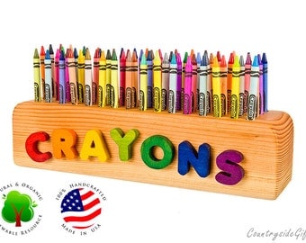 Wooden Crayon Holder - Personalized Name Wooden Crayon Holder - Handcrafted Natural & Organic - Wooden Crayon Holder for 64 Crayons