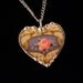 Broken china jewelry heart shaped necklace pendant Victorian pink rose with blue design
