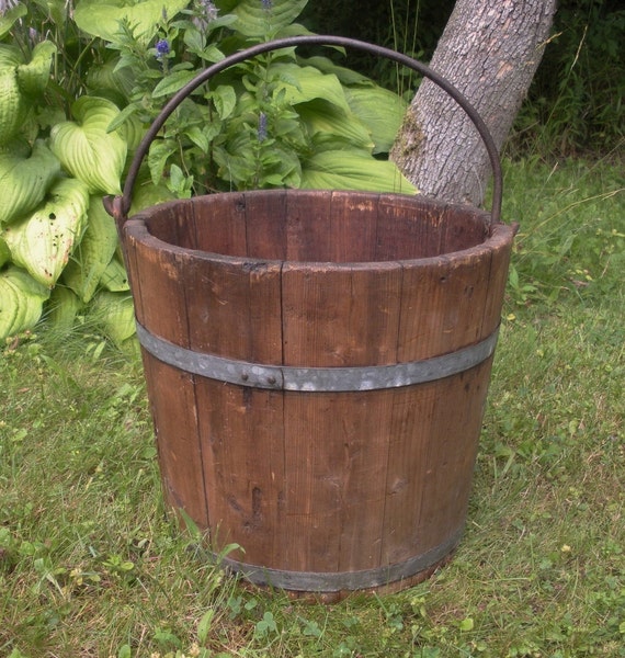 Antique Primitive Well Bucket with Iron Handle