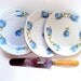 Vintage Royal Kent Poland Dessert Dishes with Cake Cutter Bakelite Handle Set of 4, Blue Floral Gold Edge I take CREDIT CARDS