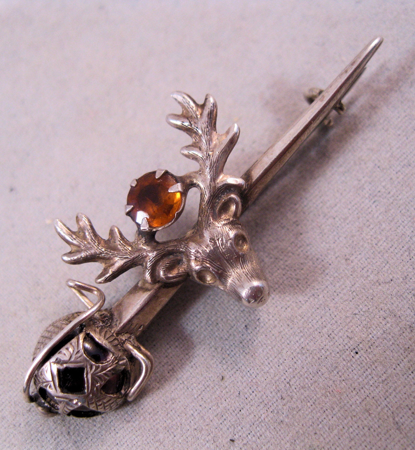 JC&S Sterling Scottish Kilt Pin Brooch Stag Dagger Antique