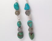 Grace - Turquoise Stone Earrings 3" LONG Blue  and Green Sterling Silver