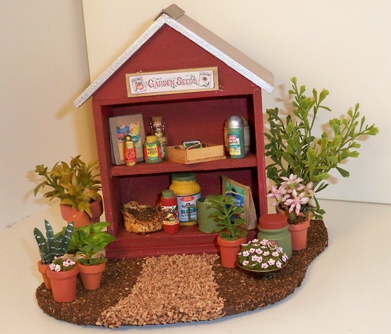 Dollhouse miniature landscaped garden shed