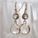 Crystal Clear and Charcoal double Drop dangle Gold Earrings, Crystal Claear and Gray Grey bezel set glass Drop Earrings ,Wedding Jewelry