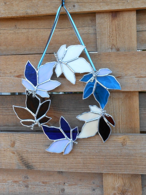 Stained Glass WreathLeavesBlueBrownCream Suncatcher