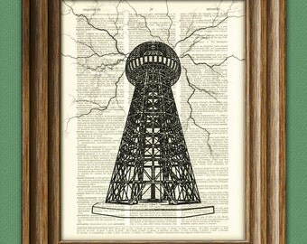 Nikola Tesla Coil lightning art dictionary page illustration book print