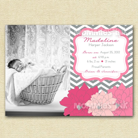 Chevron Multi-Bloom Photo Birth Baby Announcement - PRINTABLE ANNOUNCEMENT DESIGN Il_570xn