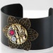 Steampunk Cuff, Matte Brass Vintage Watch, Filigree Flower & Ruby Crystal - Black Metal Cuff