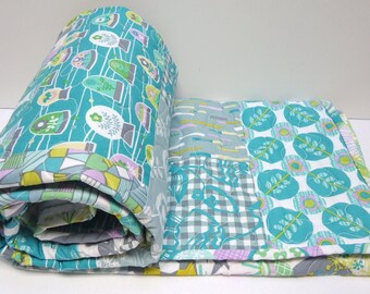 Baby Girl Quilt Crib Bedding-Turquoise-Gray-Grey-Modern Baby Bedding-La Dee Da-Erin McMorris-Whimsical-Toddler Quilt-Baby Quilts Handmade