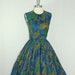 1950's Vintage Dress - Blue Green and Brown Full Pleated Skirt Frock