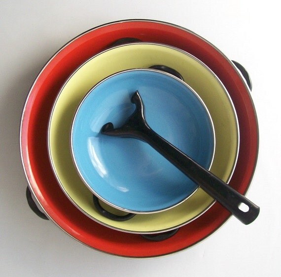 vintage yugoslavia enamel ware pans set cookware red yellow