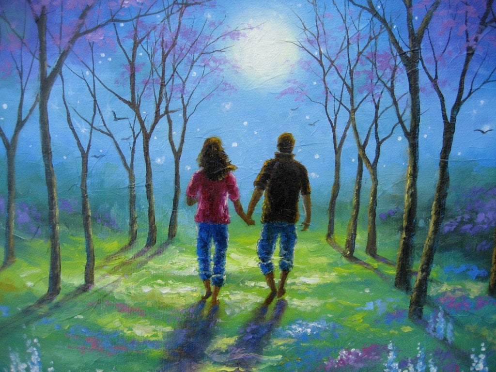 Lovers in Moonlight Original Oil Painting lovers walking