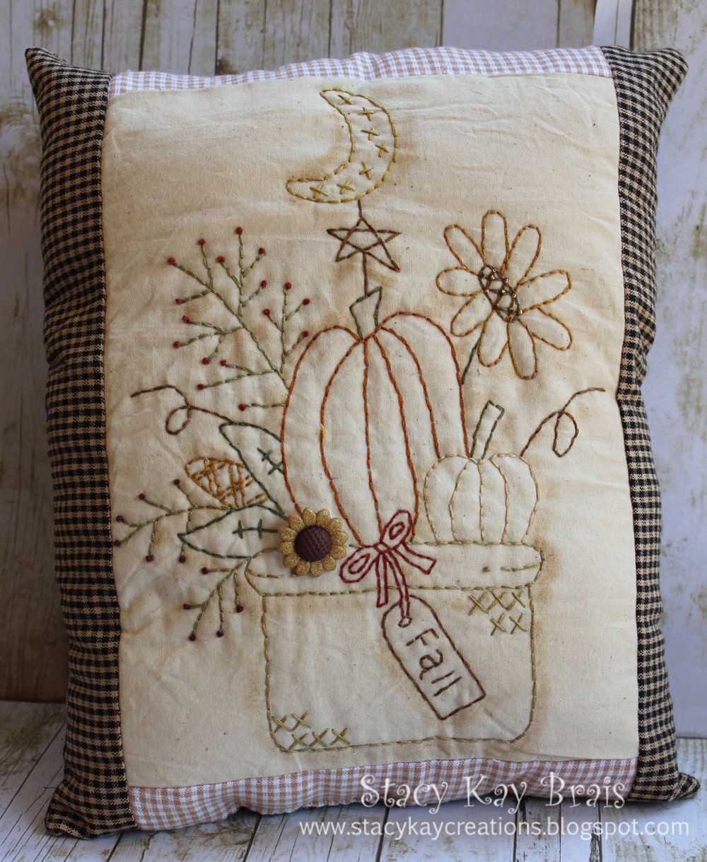 Handmade Primitive Fall Bouquet Pillow Embroidery Country