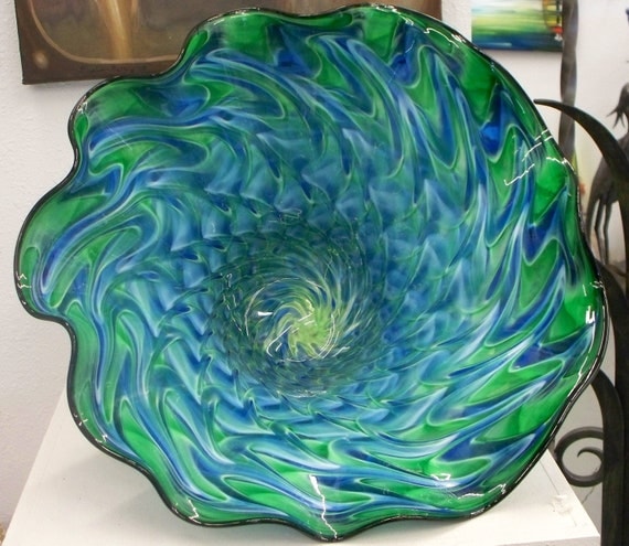 Hand Blown Glass Art Blue Green Patterned Bowl 2650