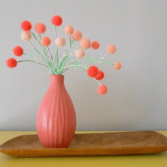 Peach pom pom flowers. Peaches and Cream home decor.  Wool felt. balls.  Girls room.  Peach and green.  Small bloom.  Cottage chic.  Pompoms