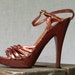 70s Metallic Leather Oxblood Strappy Pumps Sandals Ankle Strap High Heels by Cels Size US 6 / UK 4 / EU 36