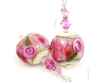 Pink Earrings, Floral Earrings, Lampwork Earrings, Glass Earrings, Glass Bead Earrings, Beadwork Earrings, Flower Jewelry, Lampwork Jewelry