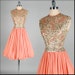 Vintage 1950s 1960s Dress . Peach Chiffon . Gold Sequins . Full Skirt . S . 1782