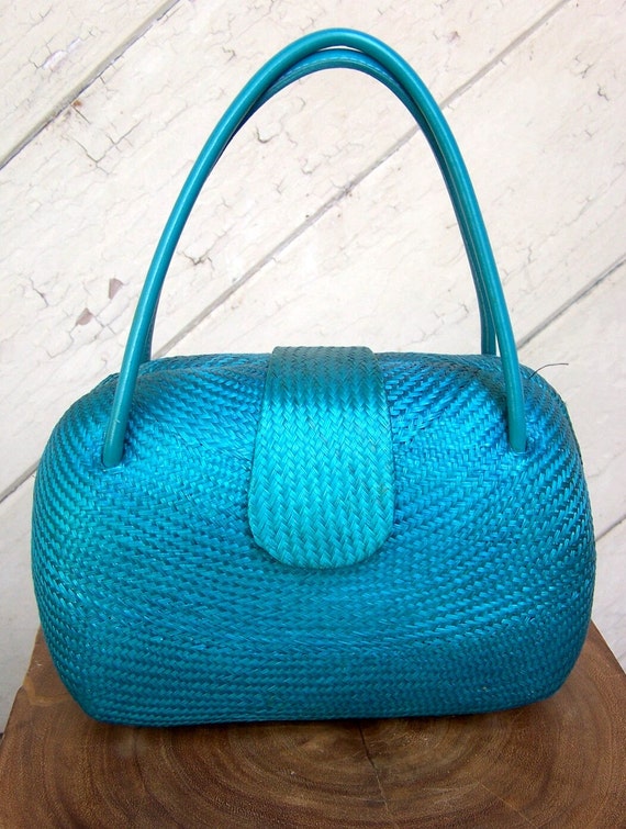 Beautiful Teal Green Straw Bag Signed Made In Philippines