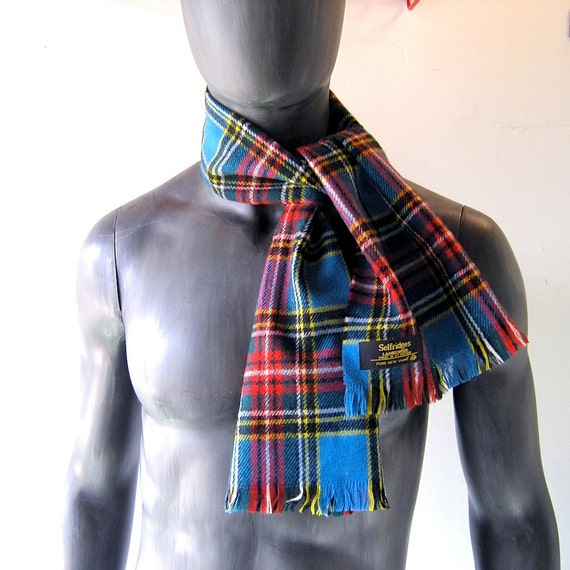 vintage tartan plaid scarf lambswool blue red yellow by