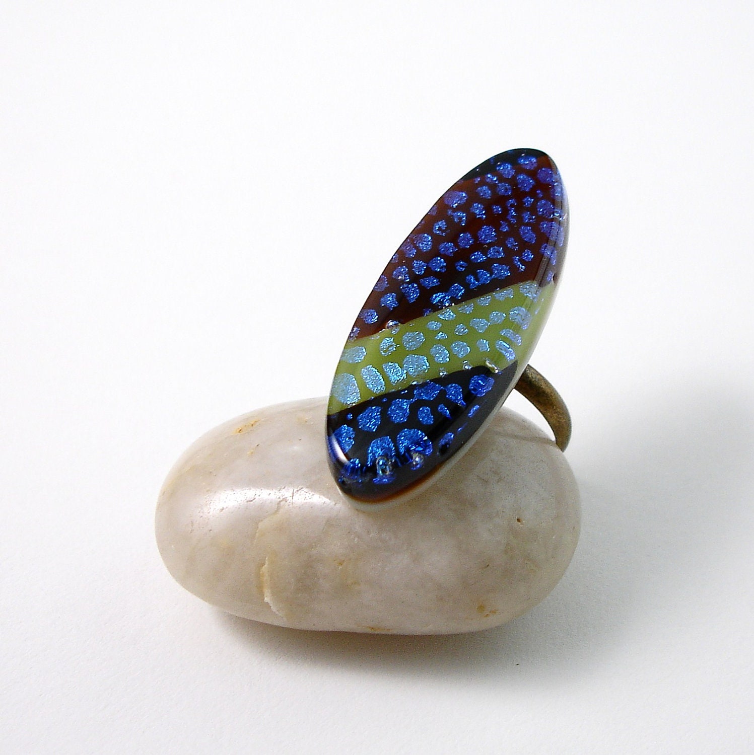 Fused Glass Ring Glass Jewelry Green Blue and Brown Ring
