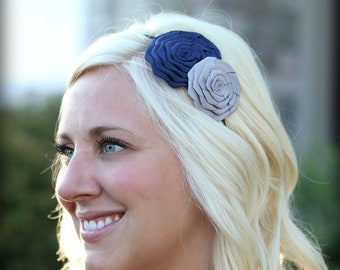 Navy and Silver Headband, Double Folded Rose for Women and Girls