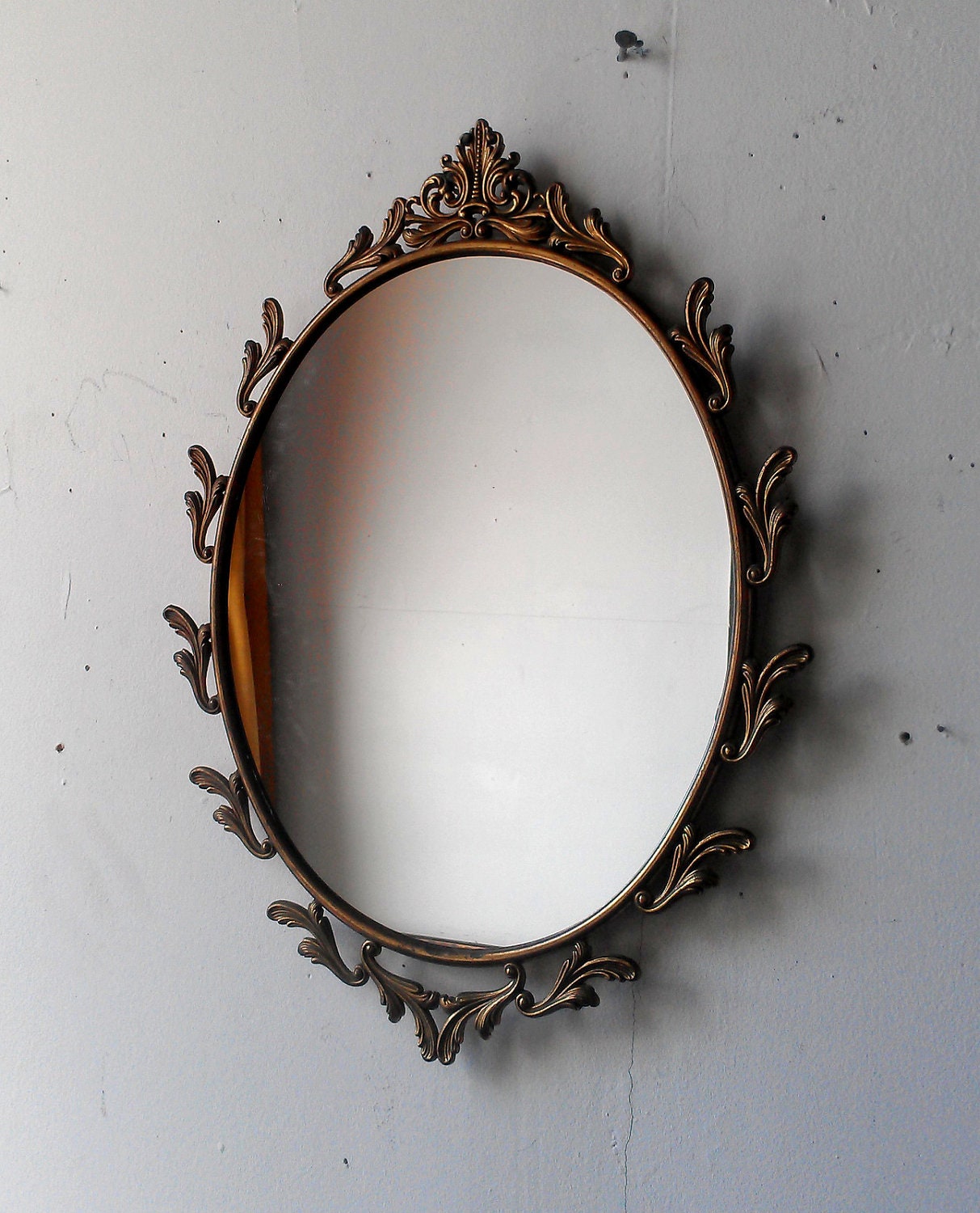 Oval Mirror in Ornate Vintage Metal Italy Frame 15 x 11 inch