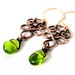 Wire Wrapped Jewelry, Copper Wire, Green Glass Drop Earrings