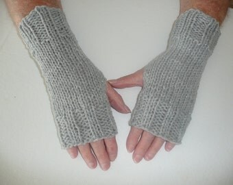 Hand Knit Fingerless Mittens/Texting Gloves - Grey Glitter Wrist Warmers- One Size Fits All