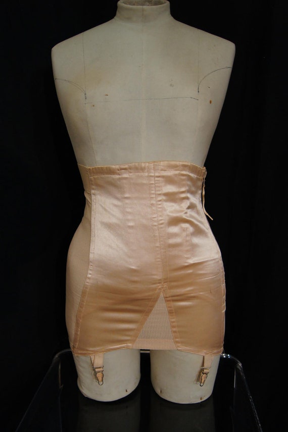 Gossard Pink Satin Boned Open Bottom Girdle With Garters 1940s