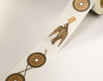 METALLIC BRONZE Old Fashioned String-Tie Envelope Clasp and Bird delivering mail Washi Paper Masking Tape-16.5 YARDS