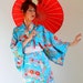 Summer Sale -Vintage 1970s Aqua Blue Floral Kimono Robe. Asian. Geisha. Spa. Exotic. Summer. Fall. Back To School. Size Large