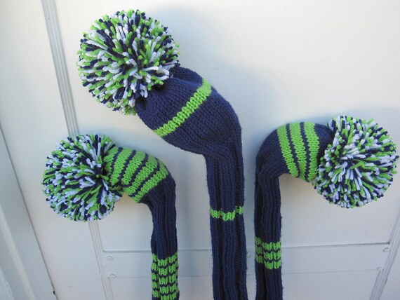 Hand Knit Golf Club Head Covers Set of 3 Navy Lime Green White