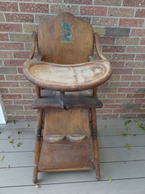 Antique Wooden Baby High Chair Converts Into Play Toy Chair