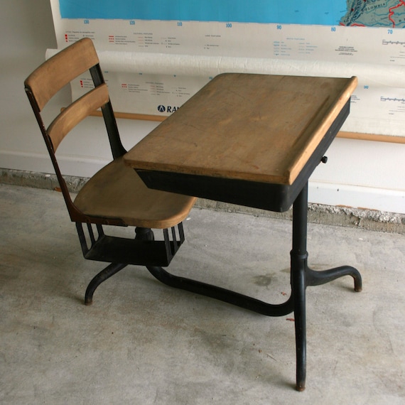 Vintage School Desk. Wood. Wooden. Natural. Childrens.