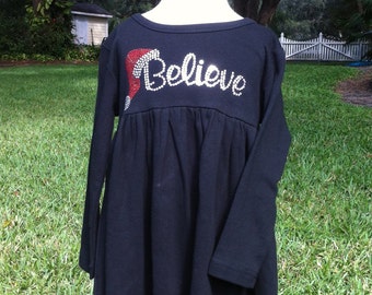 Girls Holiday Christmas Dress with Believe Rhinestone Design