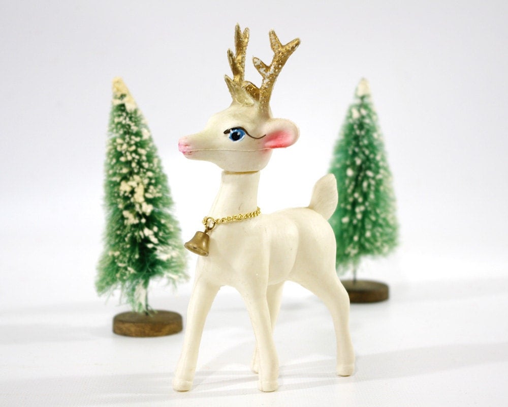 White Christmas Deer Vintage Holiday Decor Hong Kong Plastic
