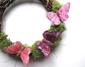 Mossy Wreath with Pink and Plum Butterflies